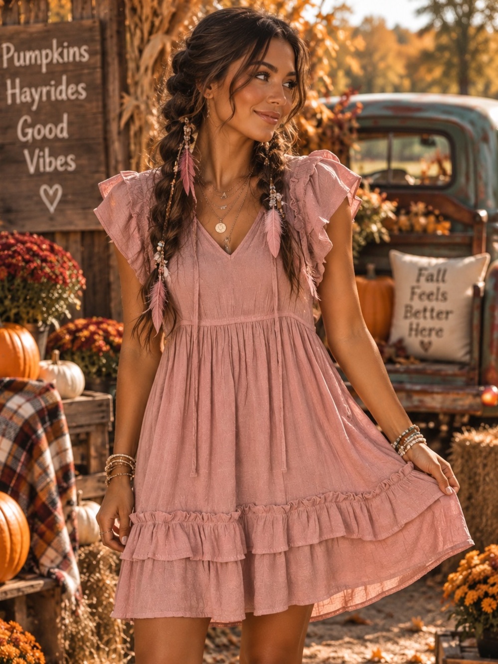 🌸 Blu Pepper Dusty Rose Ruffle Tiered Dress – Size Large